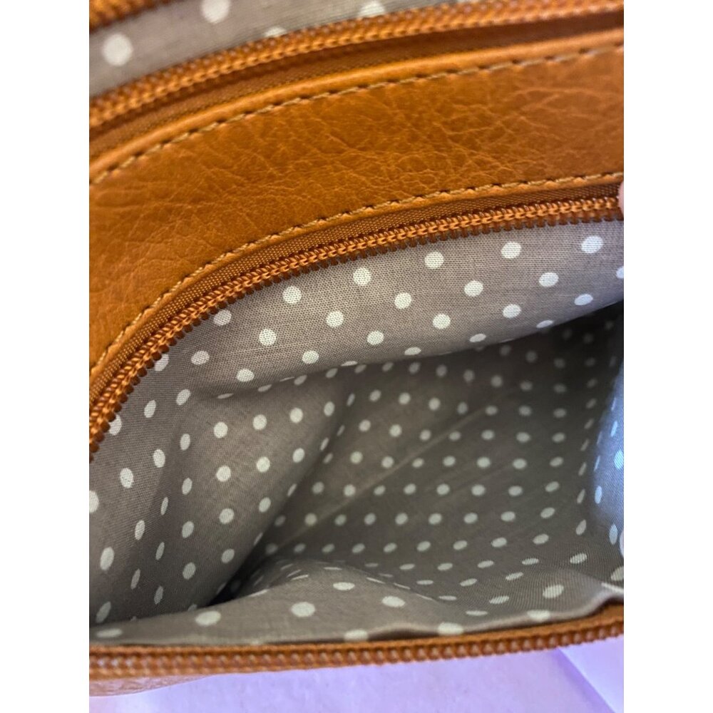 New! Small Tan Faux Leather Crossbody Purse With Adjustable Strap & Polka Dot In - Picture 5 of 6